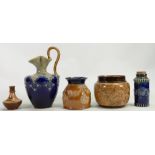 A collection of Doulton Lambeth Stoneware items: Including a ewer, small planters, vases etc.