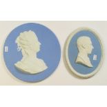 Wedgwood large round blue portrait plaques of a lady & King George VI 1937: Diameter of largest