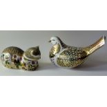 Two x Royal Crown Derby paperweights TURTLE DOVE & COTTAGE CAT CLOVER: Gold stoppers,