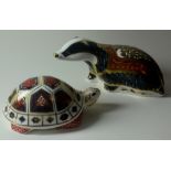 Two x Royal Crown Derby paperweights TURTLE and MOONLIGHT BADGER: Gold stopper on Badger,