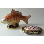 Two x Royal Crown Derby paperweights CRAB silver stopper & large GOLDFISH gold stopper: NO