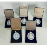 A collection of Wedgwood Jasperware portrait medallions: All boxed, 5 oval items each 11 cm.