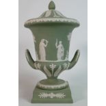Wedgwood Sage green Jasperware handled lidded urn: Height 29cm.