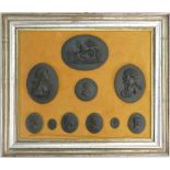 Wedgwood black Basalt & similar mounted portrait Medallions: Size of frame 38cm x 32cm