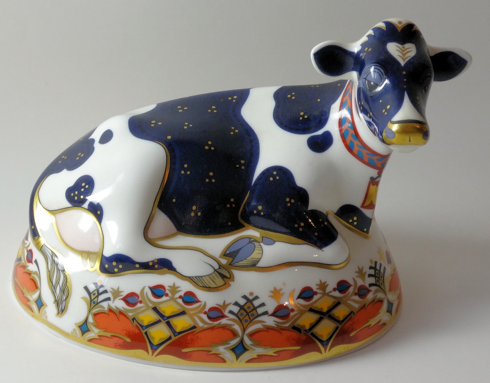 Royal Crown Derby paperweight FRIESIAN COW: Gold stopper, NO certificate, first quality,