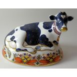 Royal Crown Derby paperweight FRIESIAN COW: Gold stopper, NO certificate, first quality,