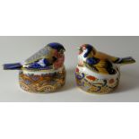 Two Royal Crown Derby paperweights NESTING BULLFINCH and NESTING GOLDFINCH: Gold stoppers,