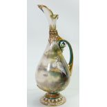 Hadleys Worcester hand painted ewer: Decorated with storks by William Powell, height 28.5cm.