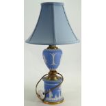 Pale blue Jasperware lamp base: Height of base 42cm.