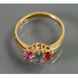18ct gold Diamond Sapphire & Ruby cluster ring: Weight 4.3g, size P.