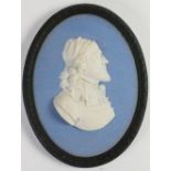 Wedgwood tri coloured Jasper portrait medallion of Inigo Jones: c1920 modelled by Bert Bentley, h13.