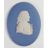 Wedgwood solid pale blue Jasper portrait medallion of Carolus Linnaeus: c1990, h10.6cm.