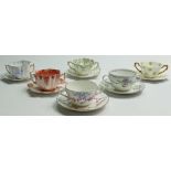A collection of Shelley Wileman and Co (Foley) Bouillon cups & saucers: Daisy 6196 Blue Trailing