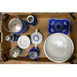 A collection of Wedgwood dark blue item to include: Biscuit barrel, sugar sifter etc., 9 items.