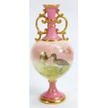 Royal Doulton twin handled vase: Freehand painted with Jack Snipe and signed H Allen, height 18cm.