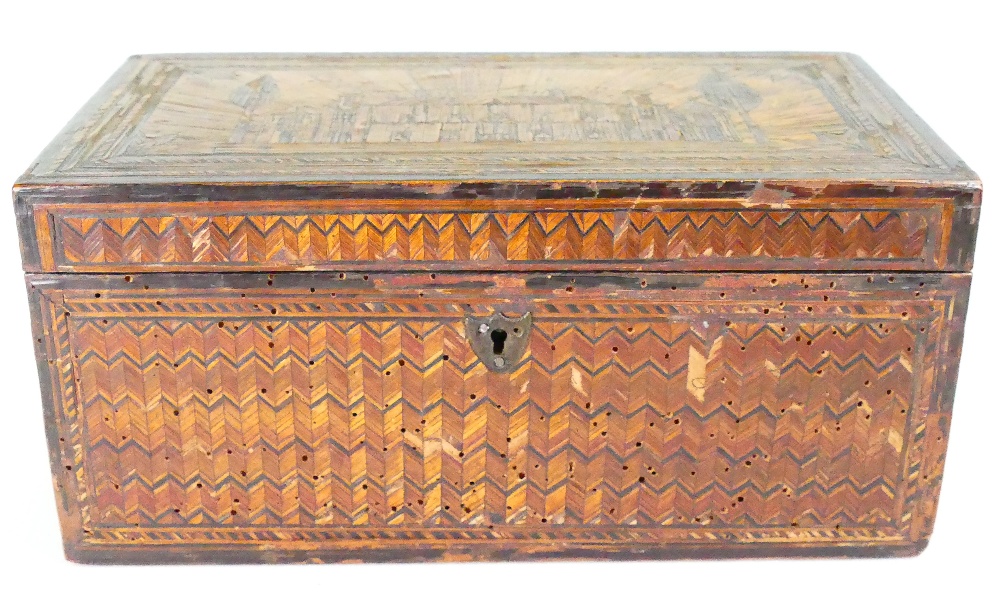 Early 19th century straw work tea caddy: Some extensive old woodworm damage to front & side panel. - Image 3 of 3