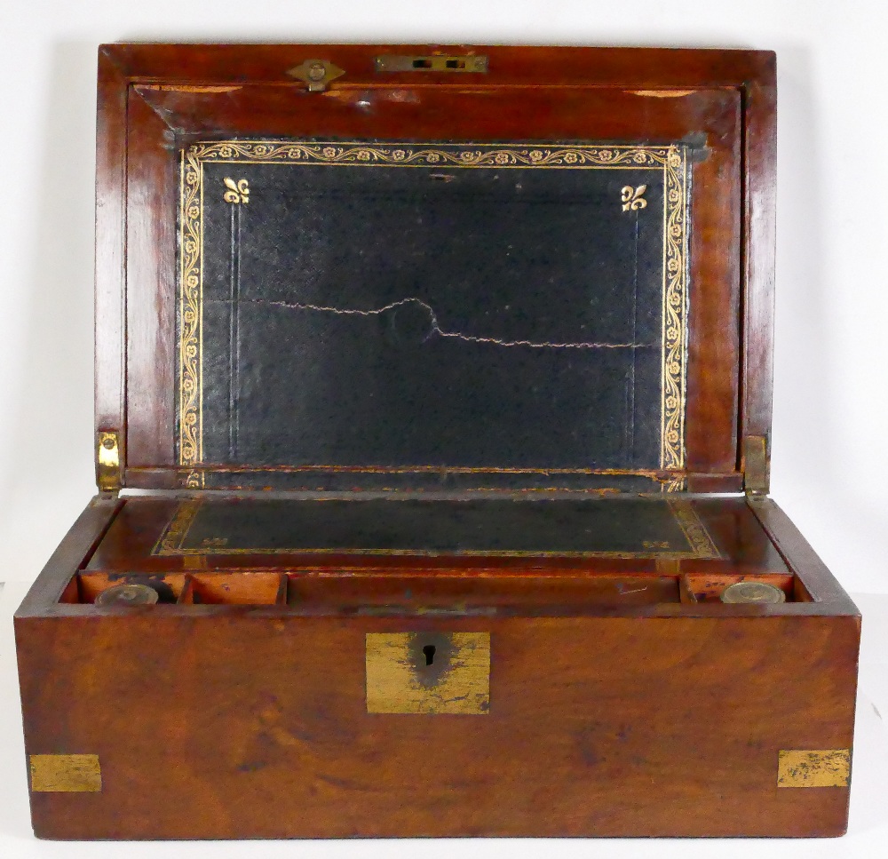 19th century Walnut writing box: Complete with both original inkwells, 34.5cm wide.