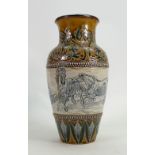 Doulton Lambeth vase by Hannah Barlow: Decorated all around with lion with deer carcass, stag,