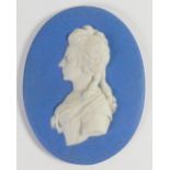 Wedgwood pale blue Jasper portrait medallion of Comtesse Meerman: c1800, h11cm. (6cm firing crack).