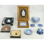 A collection of Wedgwood Jasperware plaques and items: Comprising box & covers, plaques, dishes,