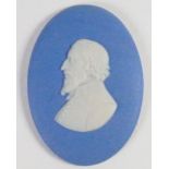 Wedgwood solid pale blue Jasper portrait medallion of Rochester: c1820, h8.2cm.