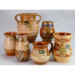 A collection of Charlotte Rhead pottery: Including Crown Ducal vases etc., tallest height 21cm (6).