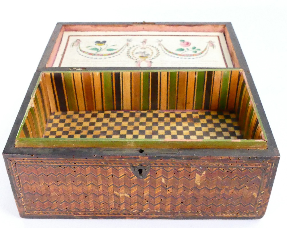 Early 19th century straw work tea caddy: Some extensive old woodworm damage to front & side panel. - Image 2 of 3