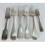 George III and later silver forks: Gross weight 342.9, some wear noted.