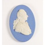 Wedgwood solid pale blue Jasper portrait medallion of Charles XII: c1970, h9cm.