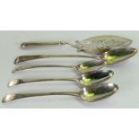 Georgian silver flatware: Three serving spoons,