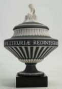 Wedgwood black dipped lidded Apollo vase on wooden plinth: c1930's, height 24.