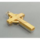 Yellow coloured metal cross: Weight 8.4g, 50mm high. Of overseas origin. Dented.