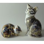 Two x Royal Crown Derby paperweights MAJESTIC CAT 215 / 3500 and KITTEN: Both gold stoppers,