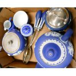 A collection of Wedgwood dark blue Jasperware items to include: Teapot, serving spoons etc.