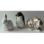 Three x Royal Crown Derby paperweights ROCK HOPPER PENGUIN SNOWY RABBIT and RUSSIAN BEAR: Gold