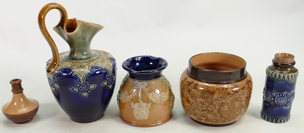 A collection of Doulton Lambeth Stoneware items: Including a ewer, small planters, vases etc. - Image 3 of 4