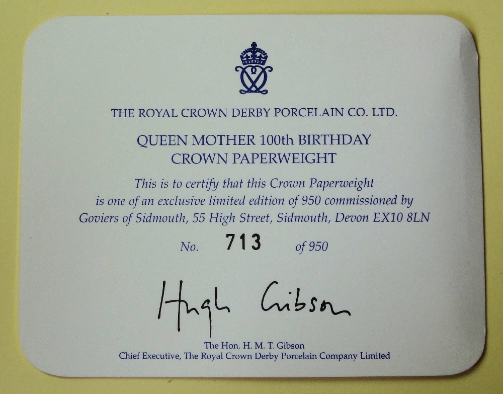 Royal Crown Derby paperweight QEII 100th Birthday CROWN: Gold stopper, certificate, first quality, - Image 3 of 4
