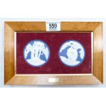 Wedgwood pair dark blue plaques of Adam & Eve: By Anna Zinkeisen in walnut frame, 25.5 x 16.