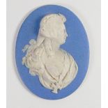 Wedgwood pale blue Jasper portrait medallion of Maria I: Queen of Portugal c1816, h10.2cm.