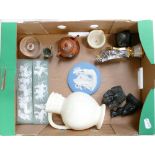 A collection of items to include: Jasperware panels, Wedgwood lustre miniature mug, creamware jug,