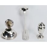 Silver items: Including large spoon, filled inkwell and pepper pot, gross 267g.