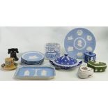 A collection of Wedgwood Jasperware items: Comprising dark Olive green dipped lidded box,