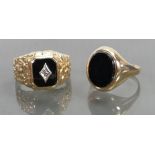 Two 9ct gold signet rings set black Onyx: Gross weight 13.1g, one fully hallmarked, one stamped 9k.