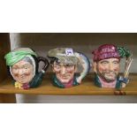 Royal Doulton large character jugs: The Poacher D6429, Lumberjack D6610 and Sairy Gamp D5528 (3)