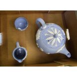 Wedgwood jasperware teapot, jug and small footed bowl (a/f)(3).