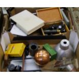 A mixed collection of items to include: scientific equipment, microscope parts, light shades etc (