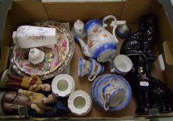 A mixed collection of ceramic items: wall plates, modern pair of Staffordshire type dogs, Oriental