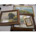 Signed Oil painting with street scenes: together with an oil painting of a lighthouse, two prints