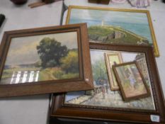 Signed Oil painting with street scenes: together with an oil painting of a lighthouse, two prints