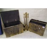 A brass magazine rack, brass coal box and brass fireside companion set items.